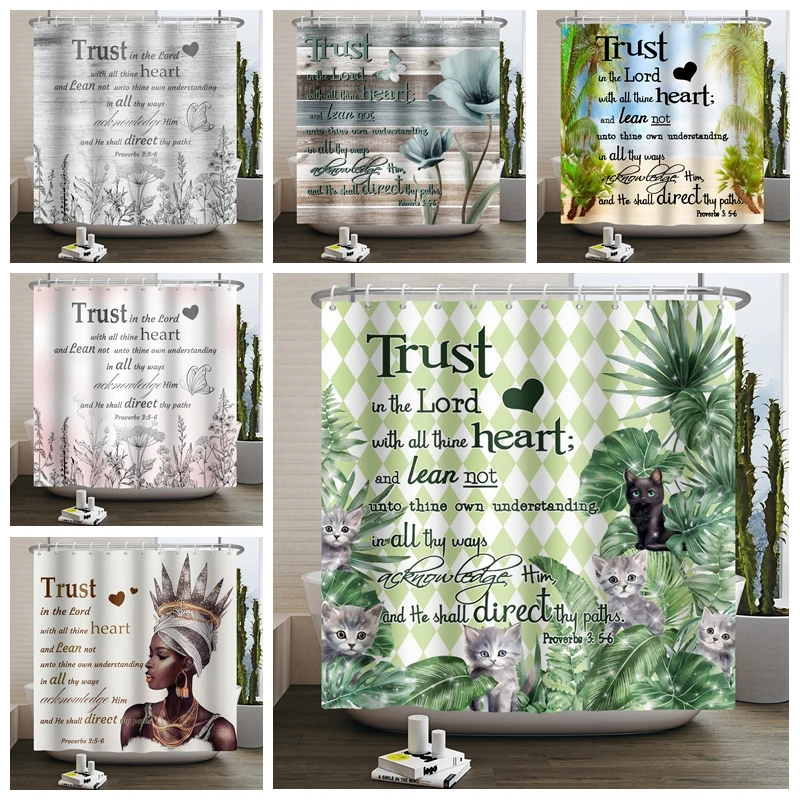 

Inspirational Quote Shower Curtain Bible Verse Motivational Quote Bathroom Curtain Rustic Floral Wooden Board Bath Curtain