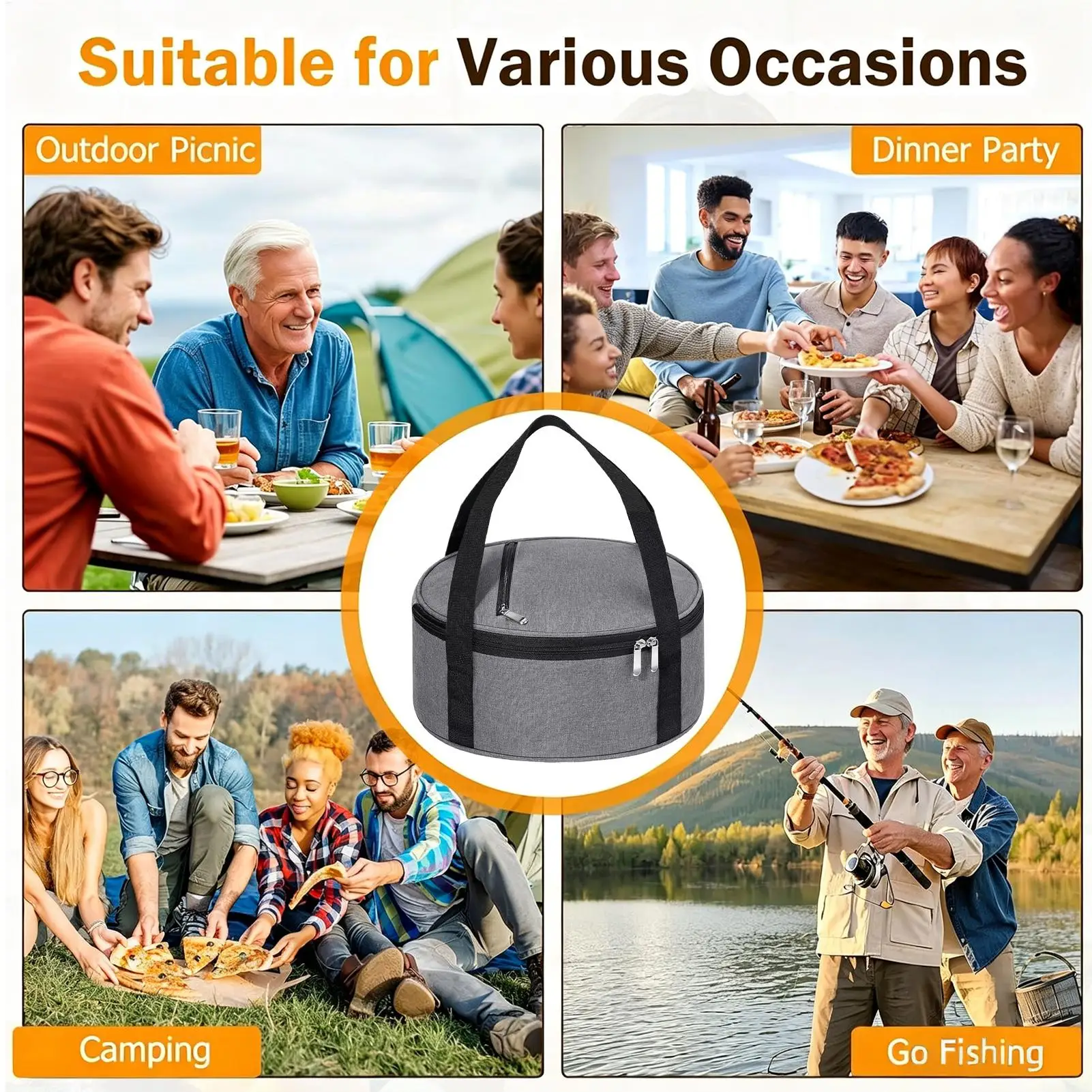 Insulated Casserole Carrier 12 Inch Thermal Two-Way Zippe Round Tote Pizza Cake Carrier Bag For Picnic Family Gathering Holiday