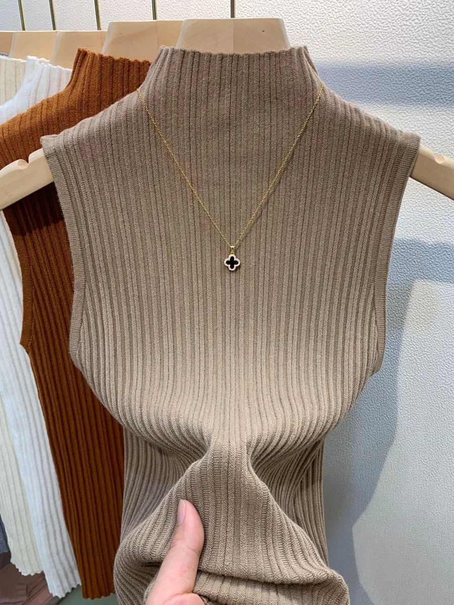 Semi-turtleneck Sleeveless Vest Female Top Spring Slimming Ribbed Inner Bottoming Shirt Strip Knitting Versatile Suspender