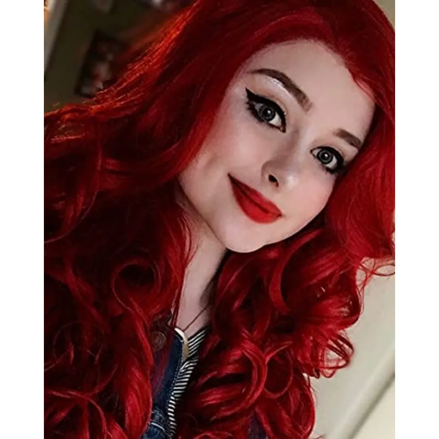شعر مستعار صناعي طويل مموج بدانتيل أمامي أحمر للنساء مع خط شعر طبيعي مثالي للحفلات التنكرية ومناسبات الهالوين #6