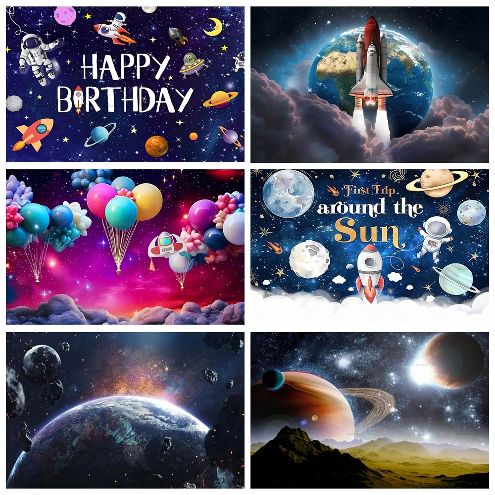 Universe Space Planet Children Birthday Party Happy Birthday Background Astronaut Lift Off Rocket Photo Background Decoration