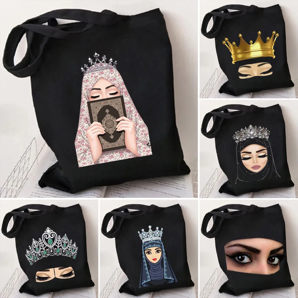 Arabic Woman Crown Hijab Face Muslim Islamic Eyes Covers Canvas Shoulder Harajuku Handbags Totes Eco Shopper Black Shopping Bags