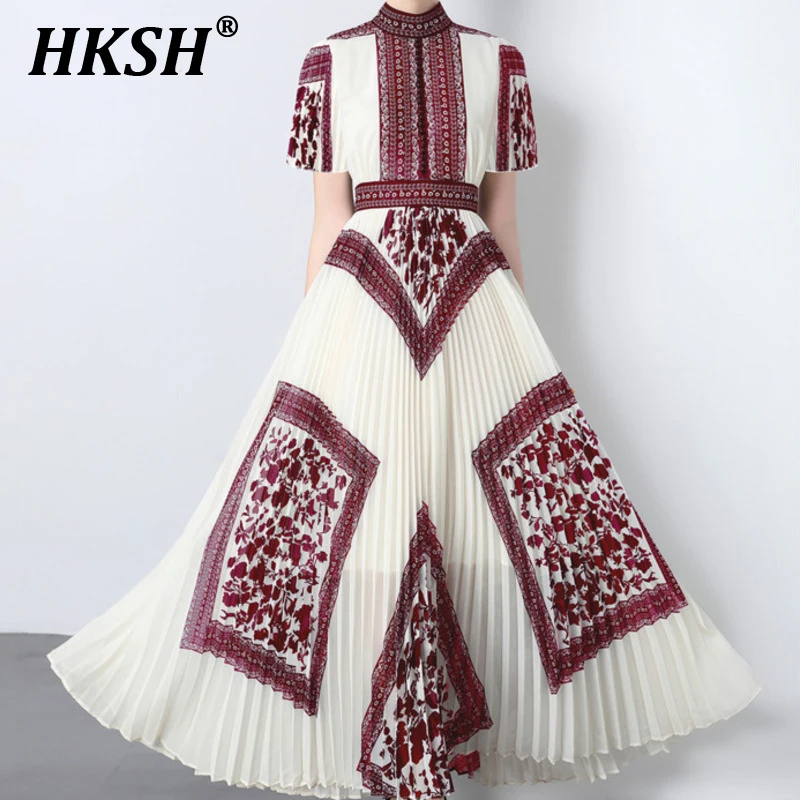 

HKSH Spring Autumn Women Tide Elegant Color Contrast Original Ins Temperament Sweet Lantern Pleated Party Evening Dress HK5085