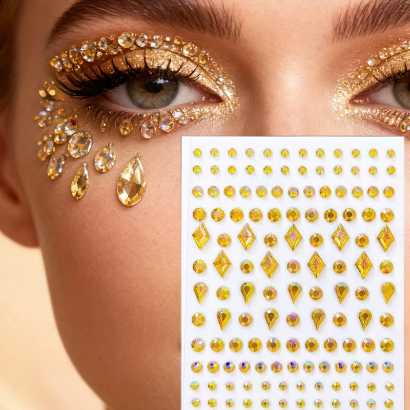 1/2 Sheets 3D Face Rhinestone Stickers Golden Tear Eye Rhinestone Bright Party Makeup Jewel Decor for Face Body Nail Hair
