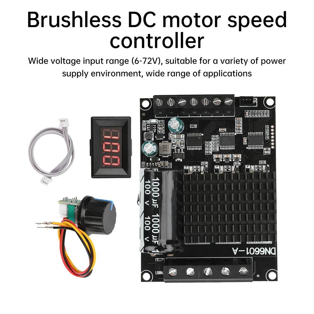 DC6-72V Three Phase DC Brushless Motor Controller No Hall Motor Control Driver Board W/ Digital Display Meter Speed Control Knob