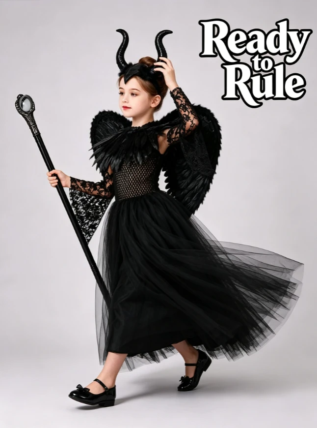 Children Black Princess Tulle Witch Dress Girls Halloween Evil Queen Gothic Themed Party Role Play For Stage Performance Outfit