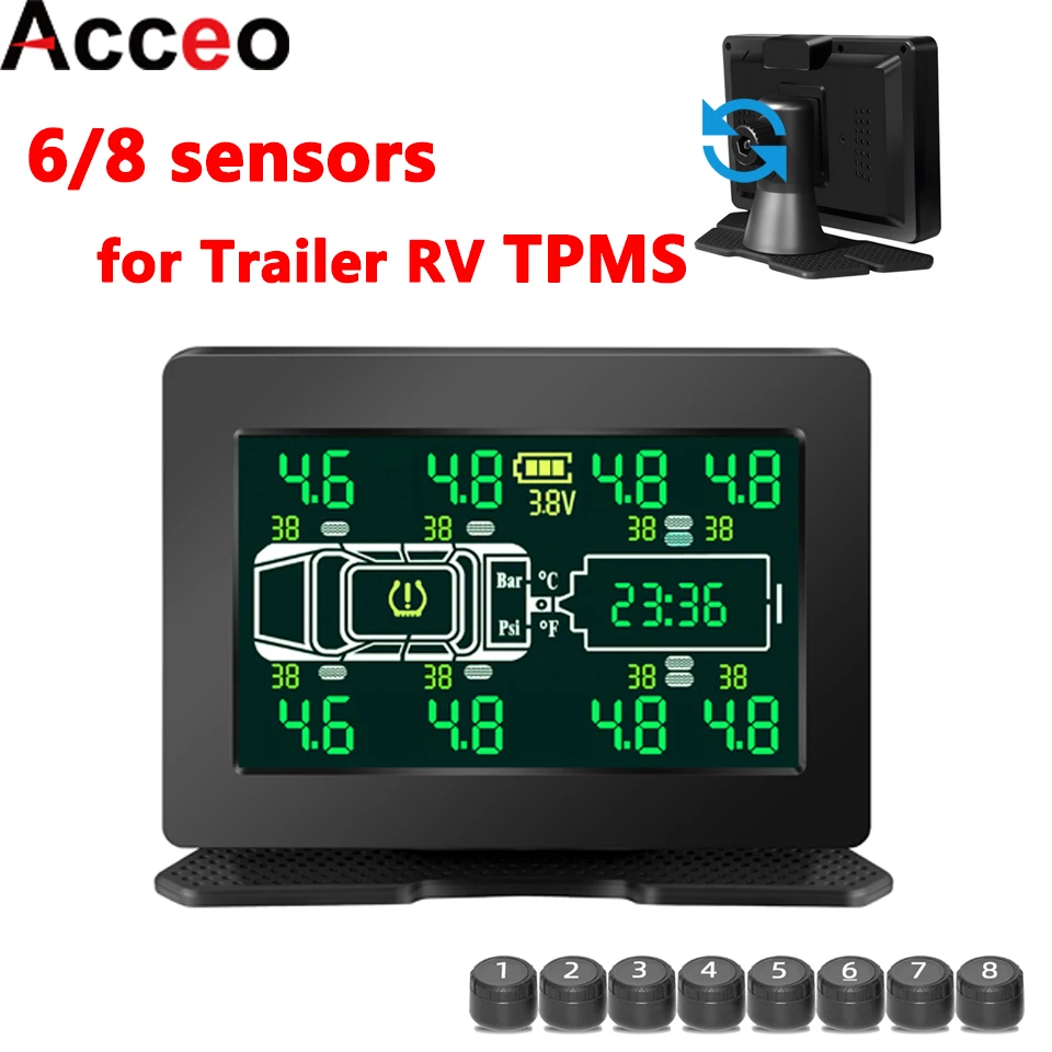 Wireless Tire Pressure Monitor Large Screen Display TPMS 6/8 Sensor Tire Pressure Real-Time Monitoring System for RV Trailer