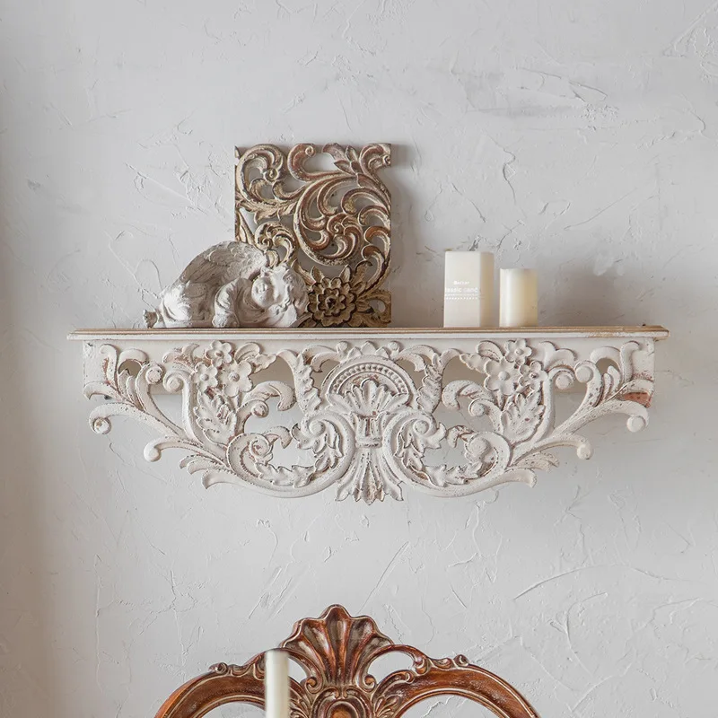 Wall storage rack, solid wood carved wall rack, living room and guesthouse distressed decorative rack, wall storage partition