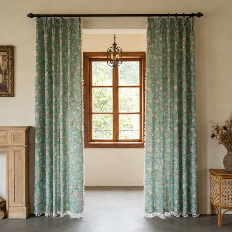 Bohemian Floral Printed Curtains, Pastoral Style, Darkening Drape, Cotton Curtain Panel with Tassel for Living Room and Bedroom