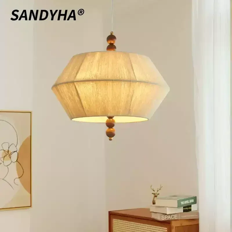 

SANDYHA Wooden Pendant Light Fabric Ceiling Chandelier Home Decoration Study Living Room Bedroom Dining Table Led Hanging Lamp