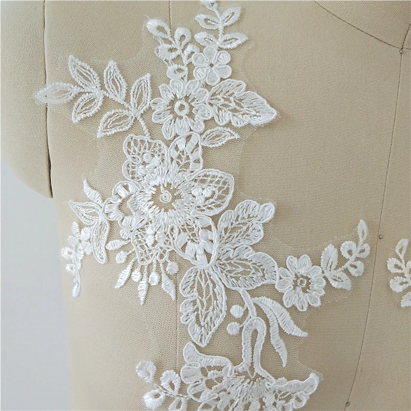 Lace Fabric Embroidered Wedding Gown Appliques, Baroque Trims, Collar Mesh Sew On Patches for Dress, DIY Decoration, Off White