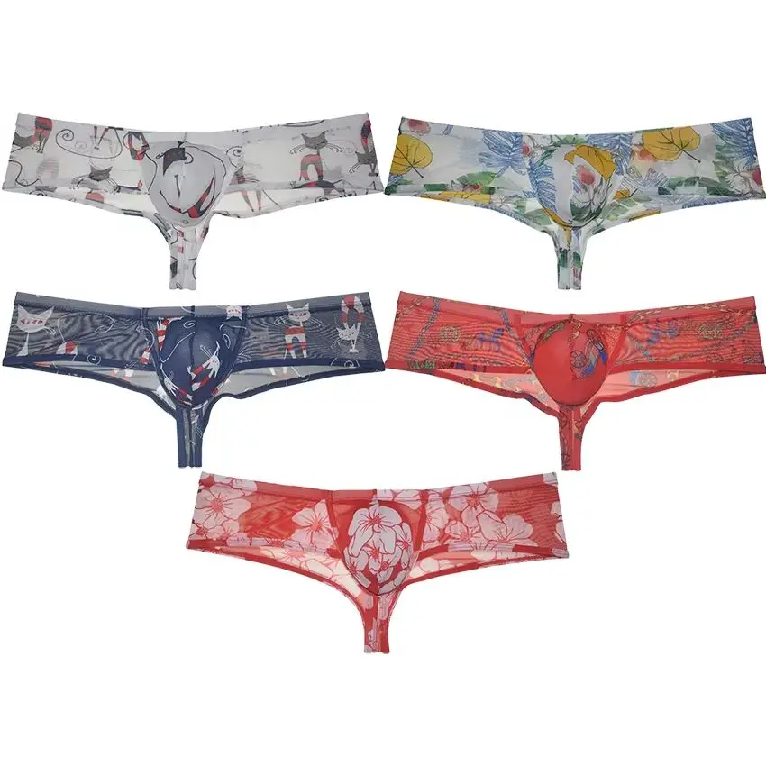 Cheeky Men's Transparent Mini Boxers Sheer Mesh Bikini Briefs Underwear Colorful Printed Brazilian Trunks Skimpy Shorts Beach