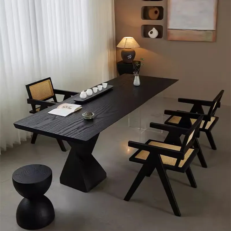 Wabi-sabi ash wood carbonized zen tea table log large board table home desk creative design minimalist tea table