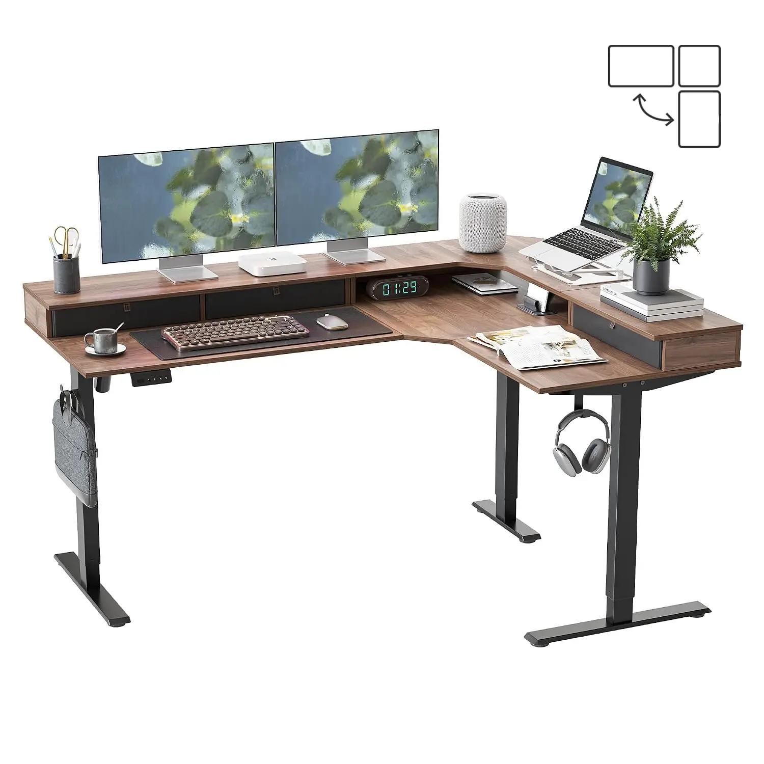 L Shaped Electric Standing Desk 63x48 Inch Drawers Reversible 2 Memory Height Settings Home Office Table Walnut, Customized