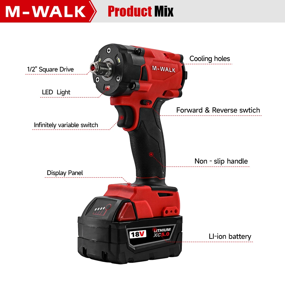 1/2 Inch Borstelloze Elektrische Slagmoersleutel Draadloze Variabele Snelheid Moersleutel Slagschroevendraaier 18V Power Tool Voor Milwaukee Batterij pin