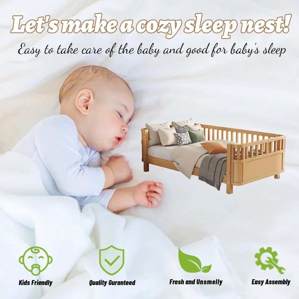 Estrutura de cama infantil de tamanho duplo, cama de solteiro montessori de baixo perfil com trilhos, sofá de madeira para meninas e meninos, sem necessidade de caixa de mola,