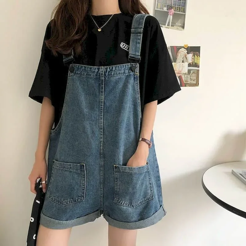 

Denim Jumpsuits Korean Fashion One Piece Outfits Women Clothing High Waist Edge Curl Pants Wide Leg Shorts Oversized Playsuits