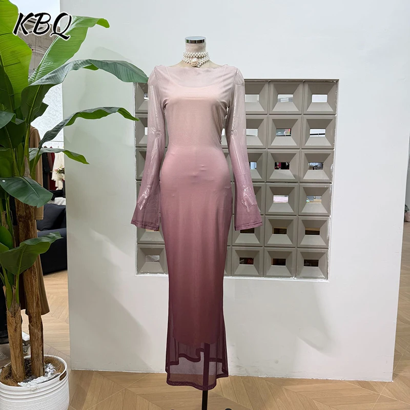 

KBQ Hit Color Loose Minimalist Chic Dresses for Women Round Neck Long Sleeve Gradient Slim Fit Dress with Elegant Style Female