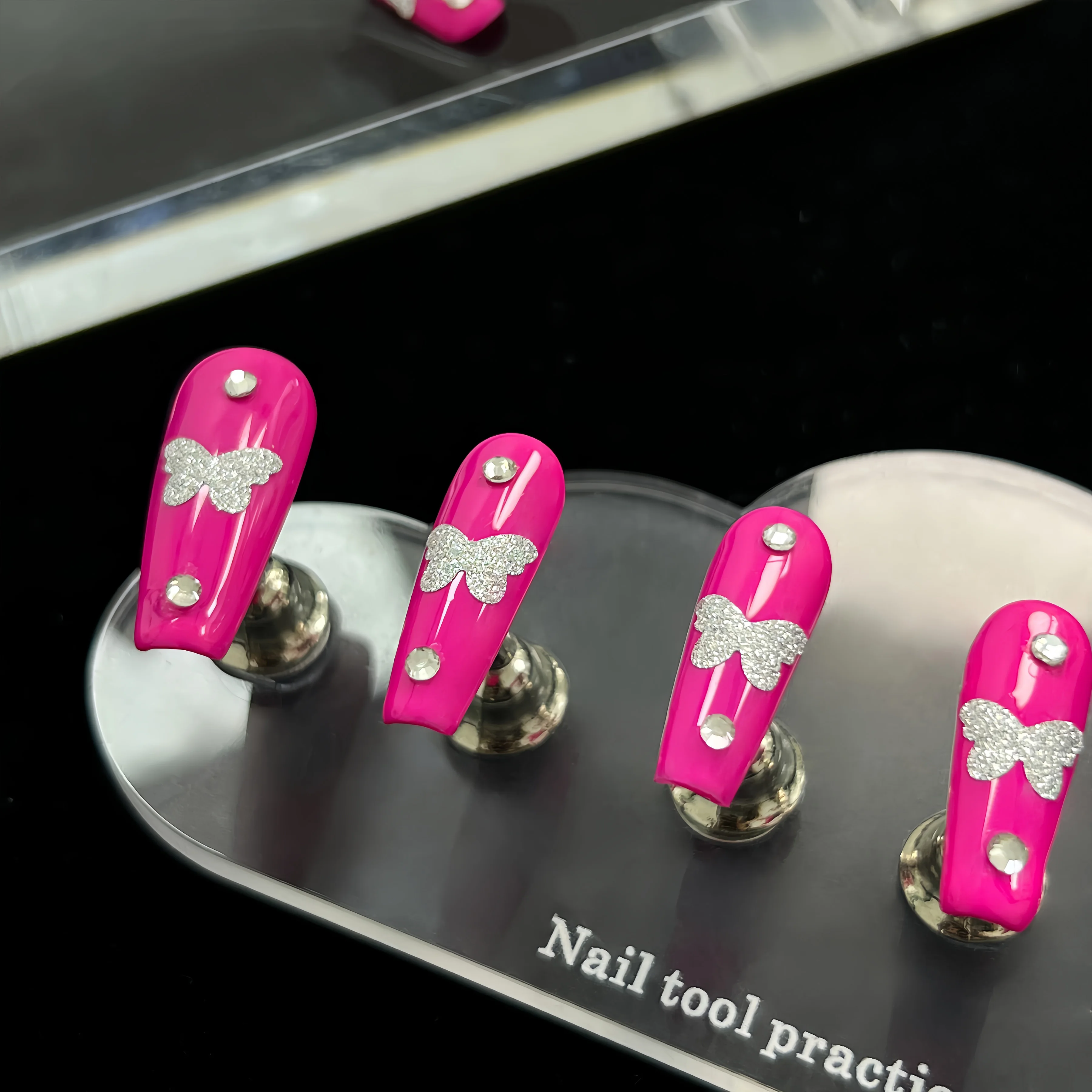 High Quality Bright Pink Long Coffin Shaped Press on Nail with sticker Glue and Tools per Set 10pcs Repeated Usage