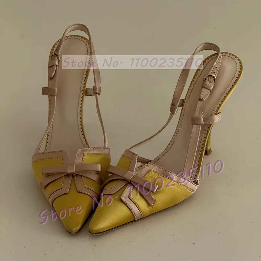 

Yellow Satin Slingback Sandals With Pink Bowknot Women Classy Patchwork Pointy Heels Sandals Summer Mixed Colors Dress Shoes