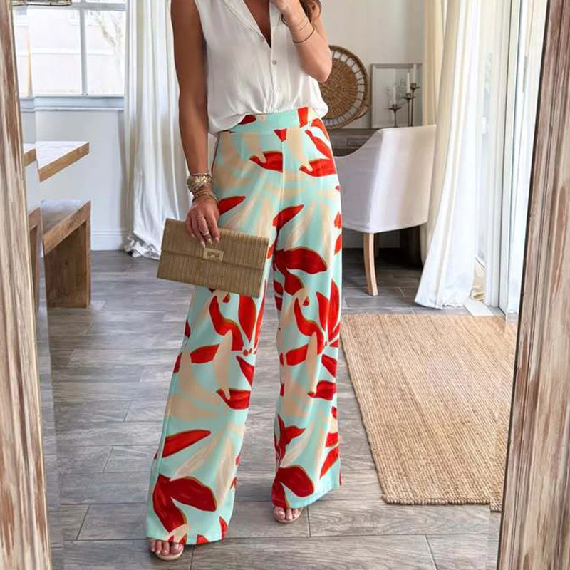 

Casual Loose Commuting Women's Straight Pants Summer New Bohemian Trousers High Street Fashion Leaf Printed Wide Leg Long Pants