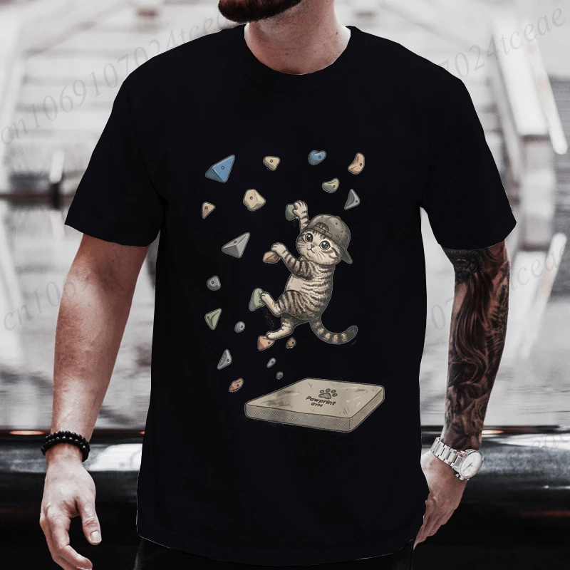 Bouldering Cat Men's T-Shirt Rock Climbing Cat Graphic Tee Shirts Clothing Outdoor Mountain Sports Casual Short Sleeve Tops