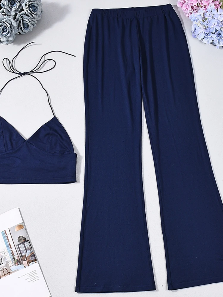 SsTss مثير الخريف الزي بلون المرأة مجموعة شيك العميق الخامس الرسن الرقبة أكمام المحاصيل كامي الأعلى والسراويل الطويلة مضيئة 2 قطعة مجموعة