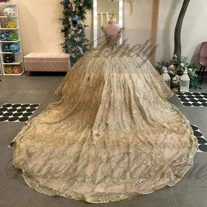 럭셔리 샴페인 골드 15 Quinceanera 드레스 볼 가운 꽃 아플리케 레이스 업 여성 파티 파티 미인 대회 결혼식 2025 맞춤형