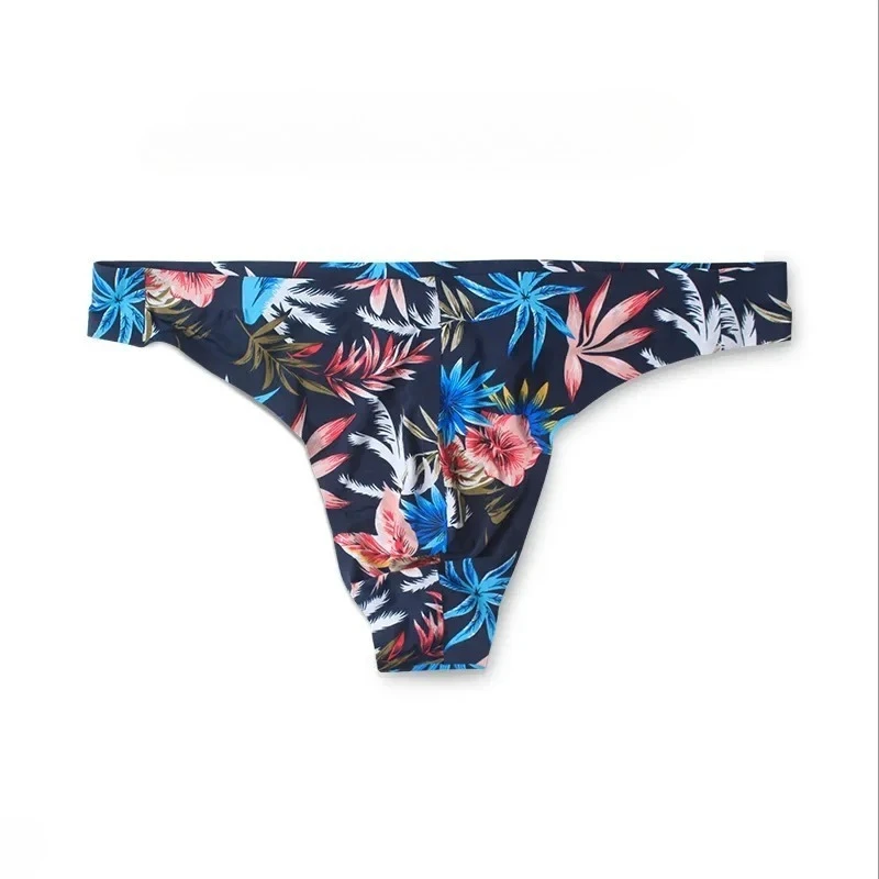 Men Seamless Thong New Floral Print Ice Silk One Piece Low Rise 3D U Pouch Sexy Young Male G-string