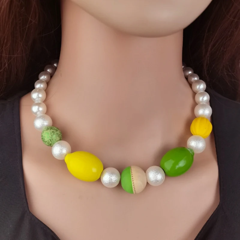 

Elegant Wood Bead Pendant Necklace for Women Pearl Fruit Lemon Choker Necklaces