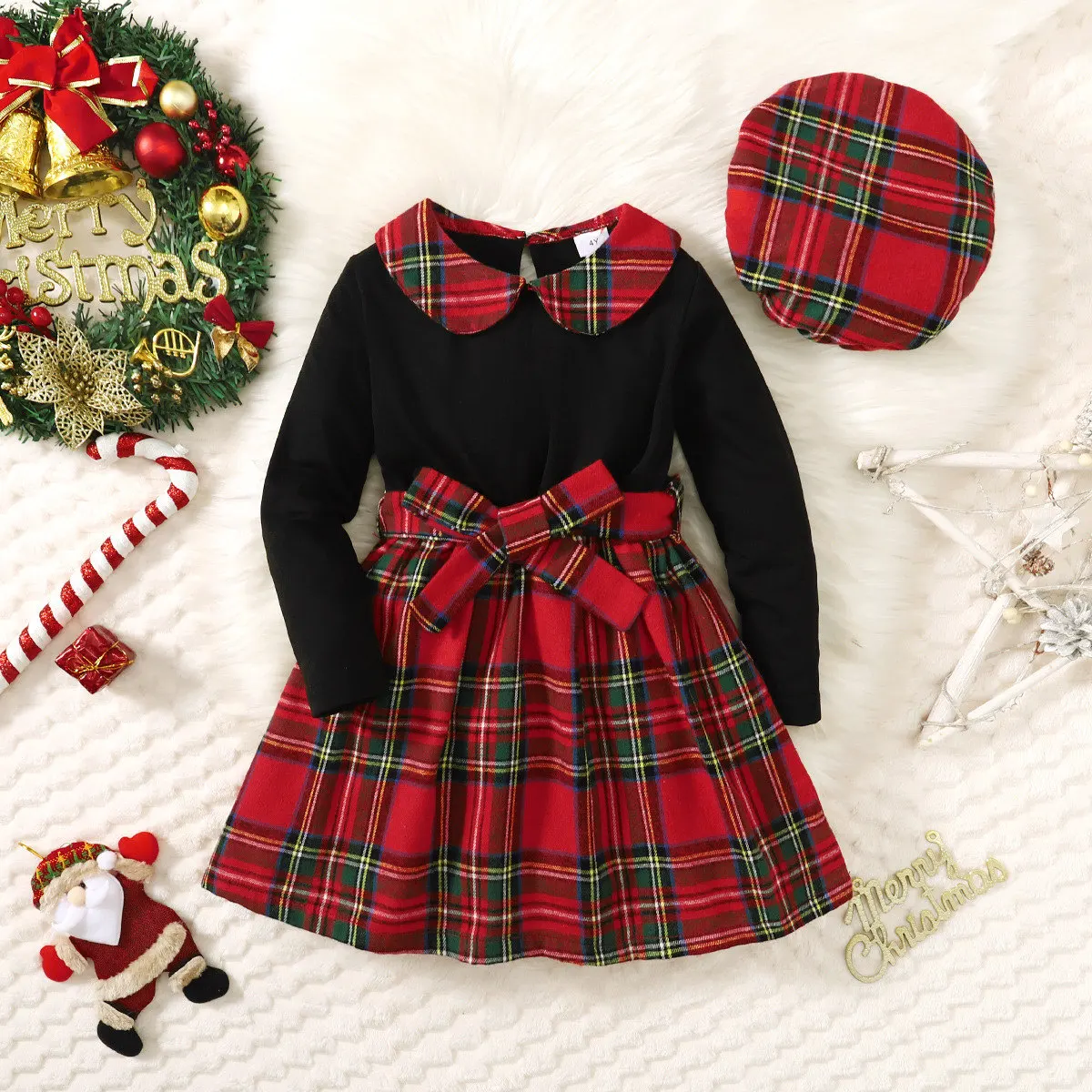 Autumn And Winter 4-7 Years Old Cool Girl Dress Long Sleeve  Checkered Patchwork Top  Princess Dress   With  Hat