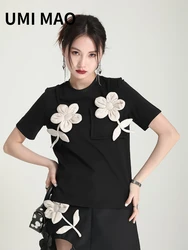 UMI MAO 2022 New Design Sense Stitching Flower Short-sleeved T-shirt Women's Summer Simple Niche Loose Round Neck Chic Top Femme