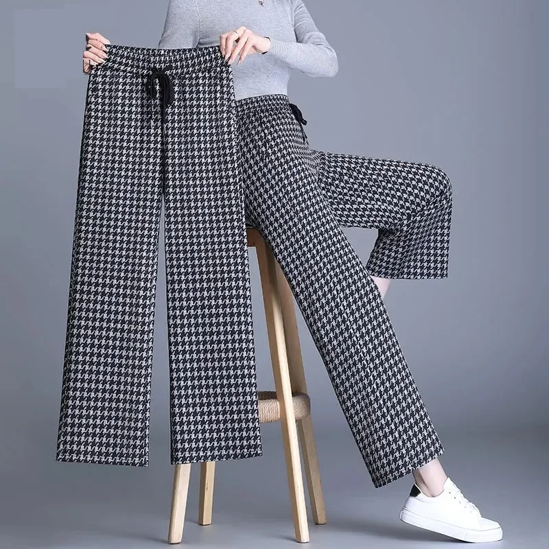 

Summer Houndstooth High-waisted Pants Women's Casual Loose Thin Wide-leg pants Elastic waist Slim Drape Straight Female Trousers