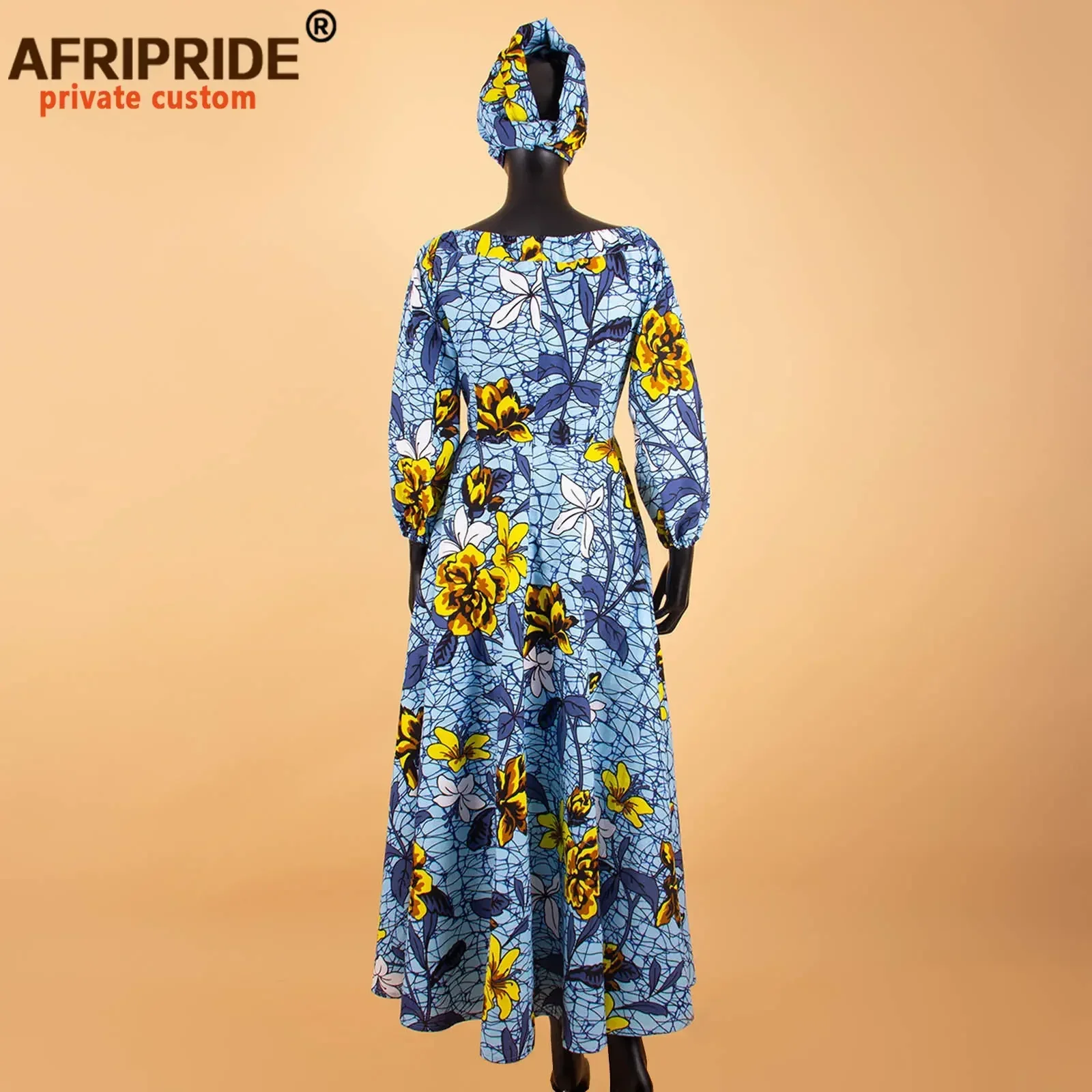 African Maxi Dress for Women Long-sleeves Ankle-length Party Long Dress Plus Size with A Small Headscarf AFRIPRIDE A722559