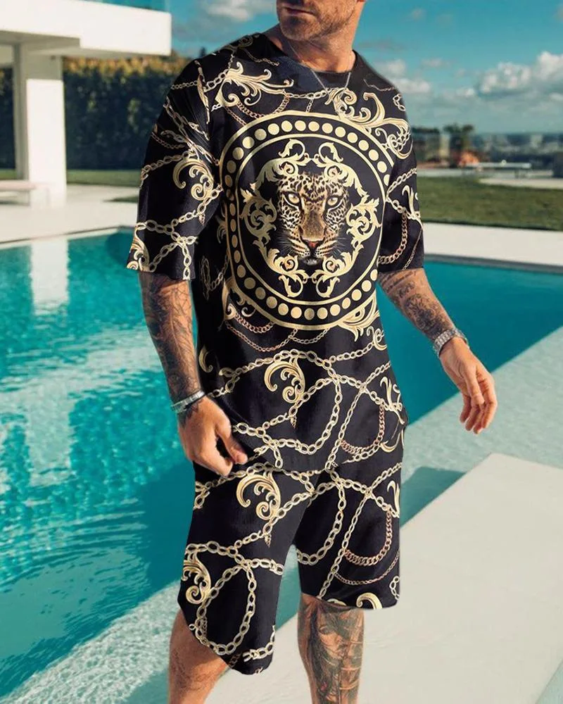 

2025-26 Summer Hot-selling New Fashion Luxury Suit 3D Printing American Street Breathable Quick-drying T-shirt Shorts Set