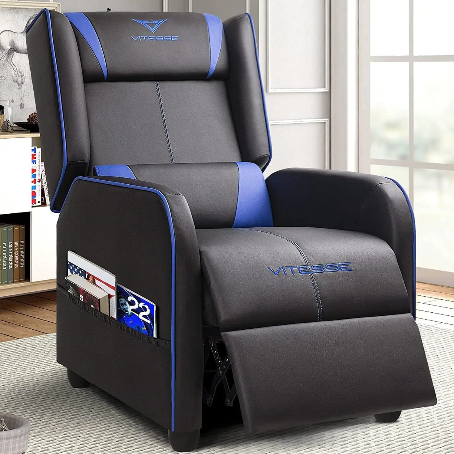 Gaming Chair Racing Style Single Ergonomic Lounge Sofa Modern PU Leather Reclining Home Theater Seat for Living Gaming Room (Blu