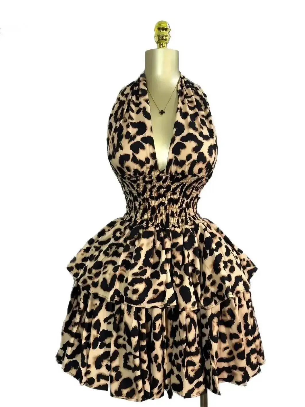 Women Leopard Print Halter Neck Backless Cascading Ruffles Big Swing Ball Gown Mini Dress 2025 Sexy Club Party Dresses 98J4