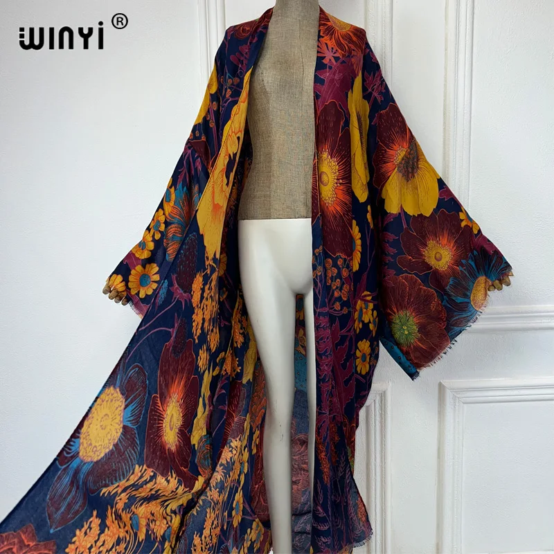 Winyi Africa Mode Zomer Kimono Maxi Jurk Strand Cover Cardigan Boho Sexy Jas Boho Print Kaftan Strand Outfits Vrouwen