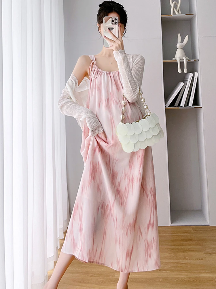 

2024 Maternity Dresses Summer Slip Dress Cardigan Pregnancy Dress Casual Loose Maternity Clothes For Pregnant Women Fashion Suit