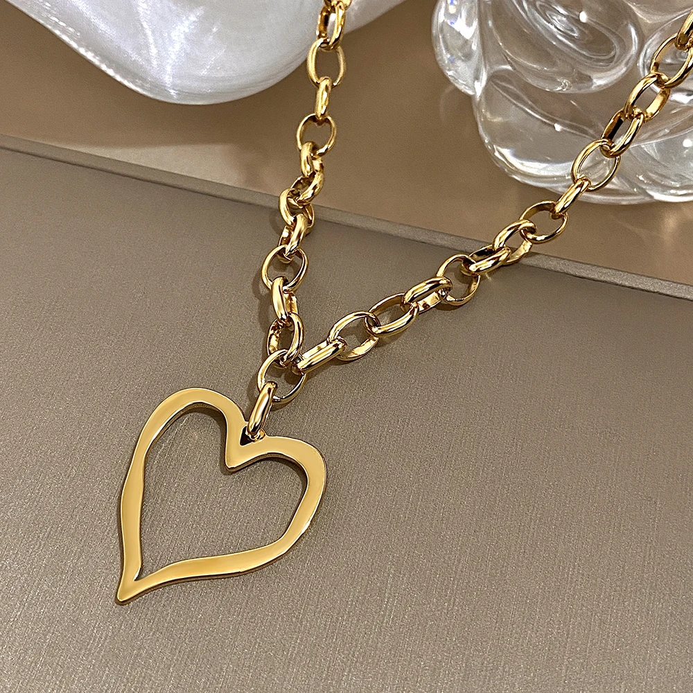 316L Edelstahl Gold Silber Farbe Halskette für Frauen Glänzend Punk Große Hohle Herz Anhänger Halsketten Valentinstag Geschenke – Detail 12