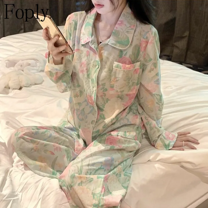 

Pastoral Cardigan Woman Pajamas Set Spring Summer Two-Piece Woman Pyjama Satin Silk Long-sleeved Top Pants Pijama Pjs Loungewear
