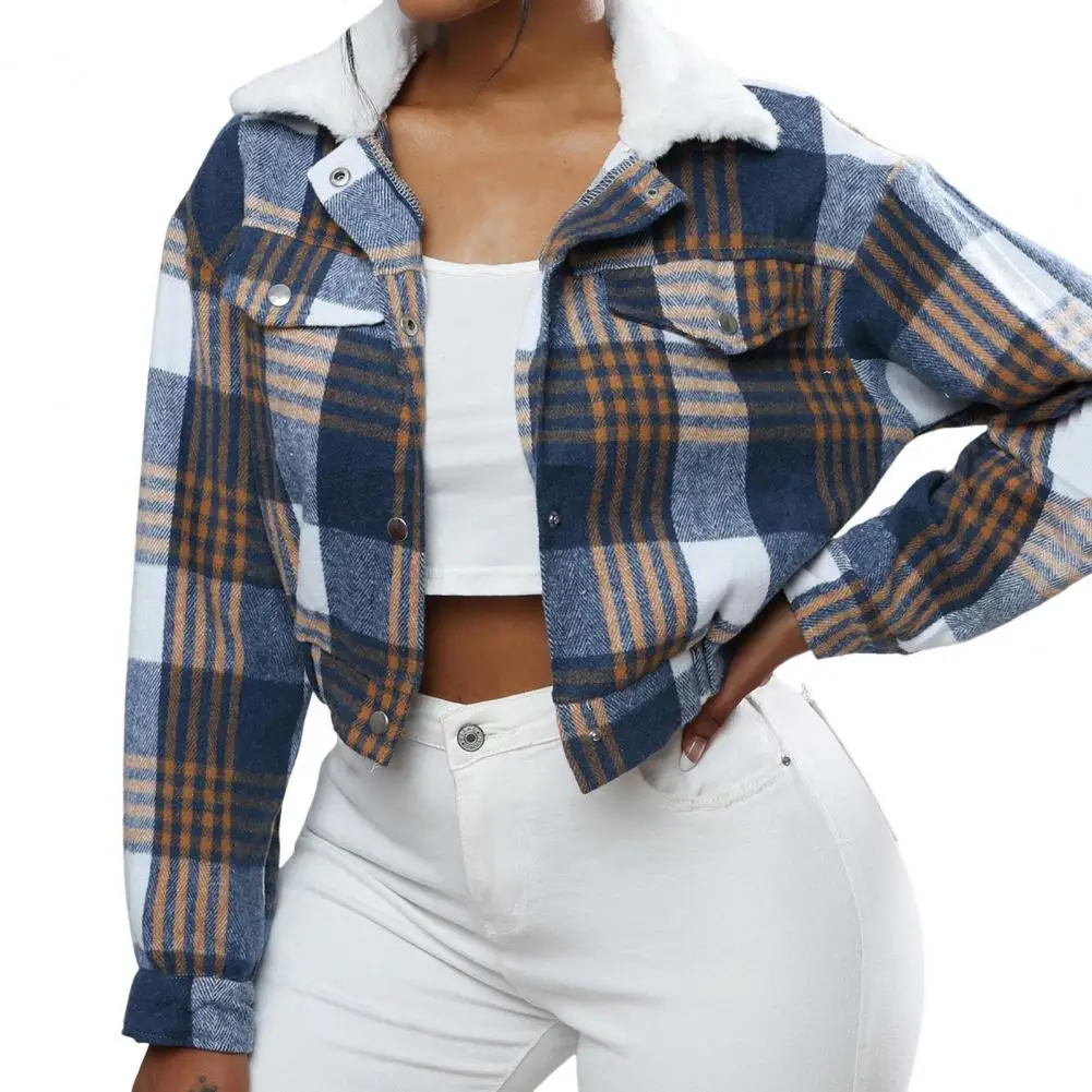 

Women Jacket Autumn Winter Coat Plaid Print Women's Short Coat with Turn-down Collar Stretchy Hem Stylish for Fall