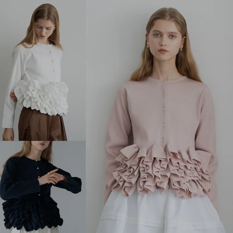 

Элегантный пышный свитер с рюшами, женский весенне-осенний вязаный офисный женский вязаный кардиган с длинными рукавами, модная женская одежда, трикотаж