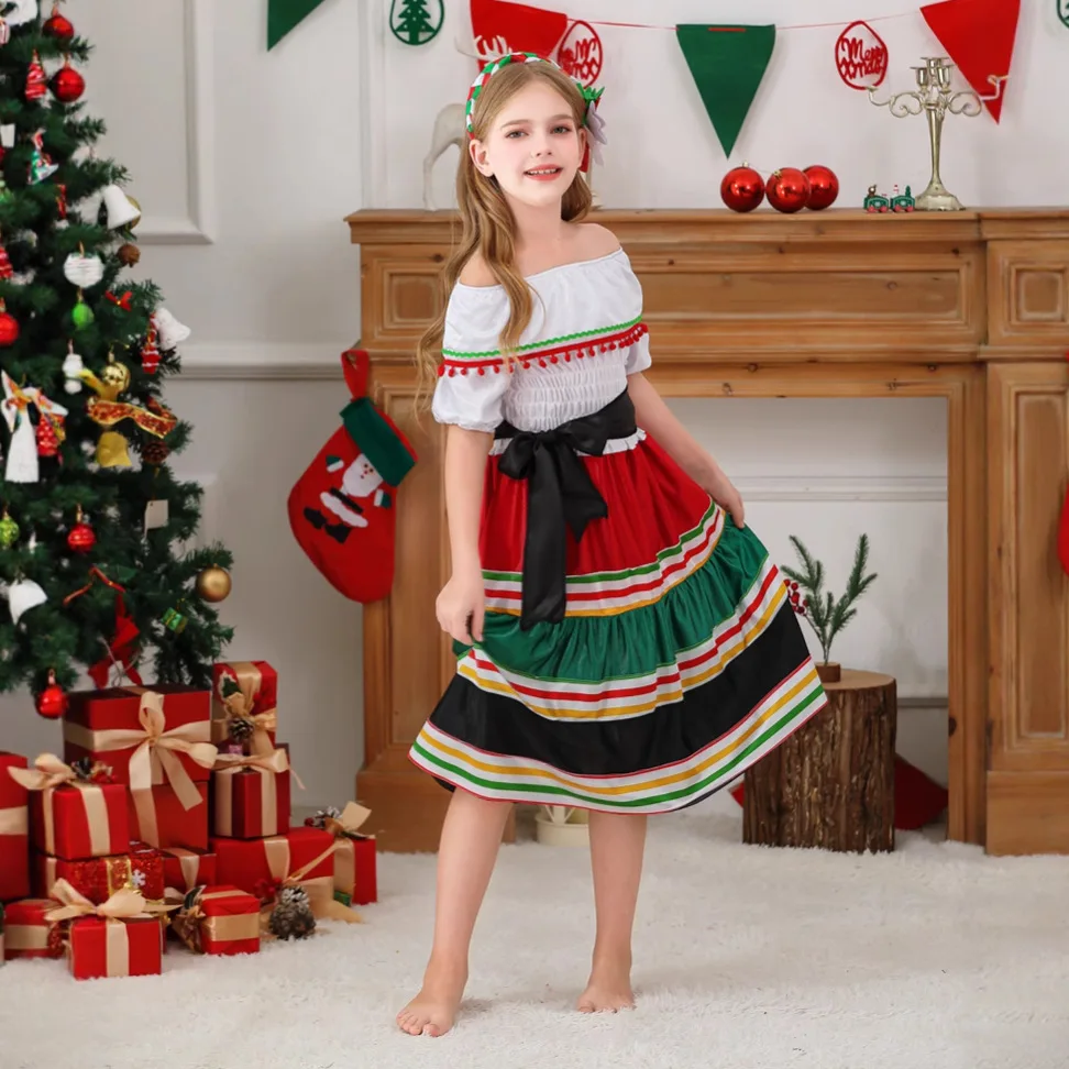 

Mädchen Sweet Dress Carnival Party Stage Outfit Mexican Traditional Long Skirt Ethnic Style Dance Cosplay Performance Costume