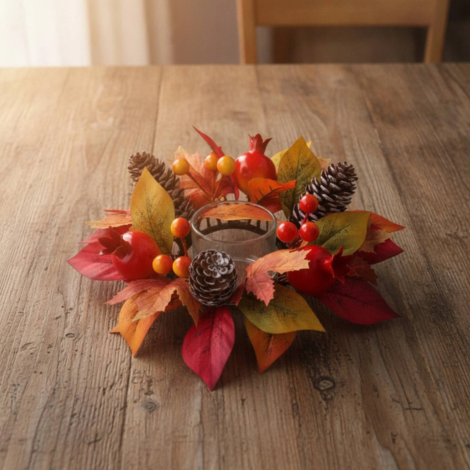 Candle Holder Wreath with Glass Cup Autumnal Maple Leaf Candle Circlet Autumn Wreath Rustic Artificial for Tabletop, Mantel