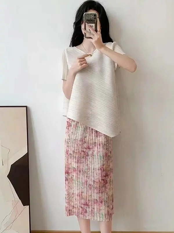 

Ele Floral Print Pleated Skirt Women's High Waist Elastic Korean Sle Commute Polyester Fabric Thin Straight Tube Skirt