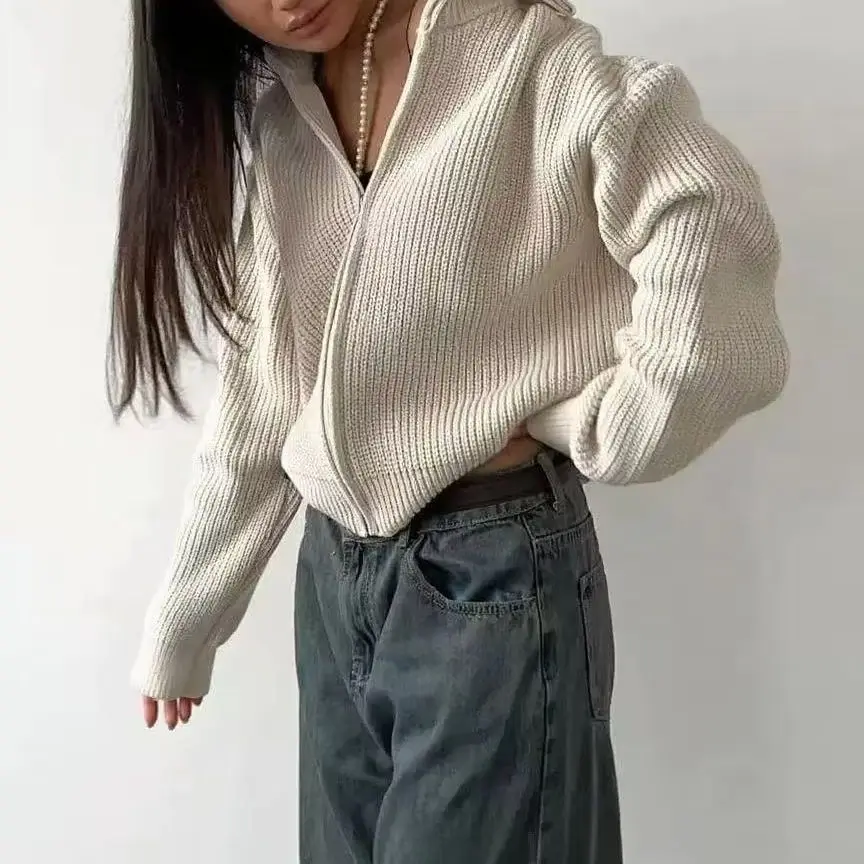 European American Style Women V-Neck Zip Lapel Knitted Sweater Coat, 2026 Autumn Winter Thick Loose Solid Color Cardigan Jacket