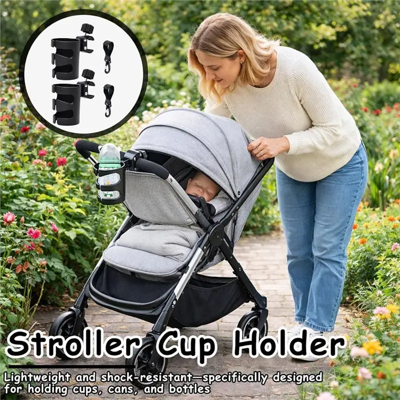 AS96-Set Of 2 Universal Adjustable Stroller Cup Holders, Includes 2 Hooks, 360-Degree Rotation- Works For Strollers,And Wheelcha