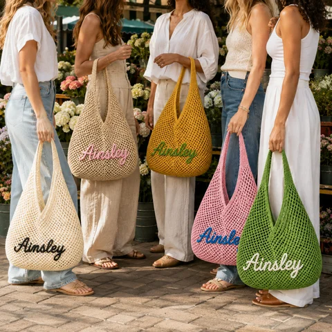 Personalized Hollow Woven Straw Beach Tote Bag Custom Rope Embroidered Name Hobo Shoulder Bag Bridesmaid Summer Holiday Purse