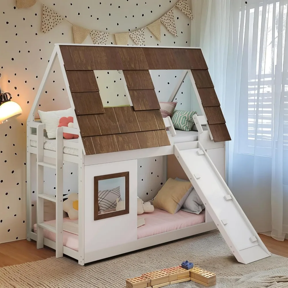 

Twin Over Twin Low House Bunk Bed with Climbing Ramp, Stairs, Roof, and Windows, Low Wood Floor Bunk Bed with Slide, Sturdy Kids